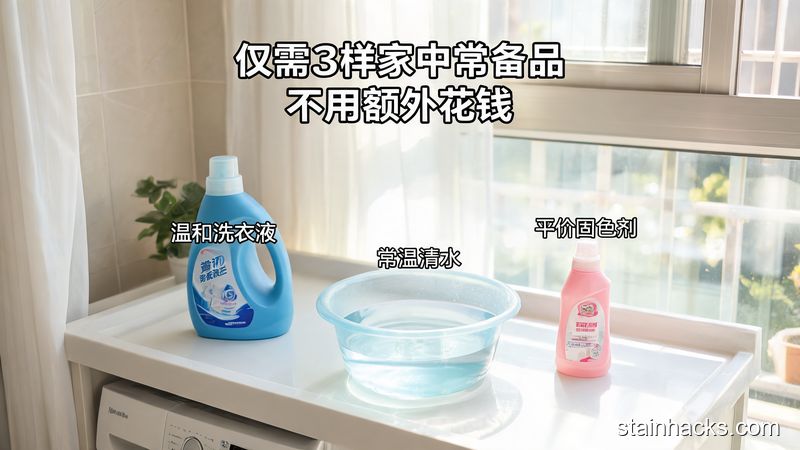 居家洗衣台场景，台面上摆放着温和洗衣液、常温清水、平价固色剂3样普通物品，风格清新明亮生活化，配醒目标注文字&ldquo;仅需3样家中常备品 不用额外花钱&rdquo;，突出简单低成本