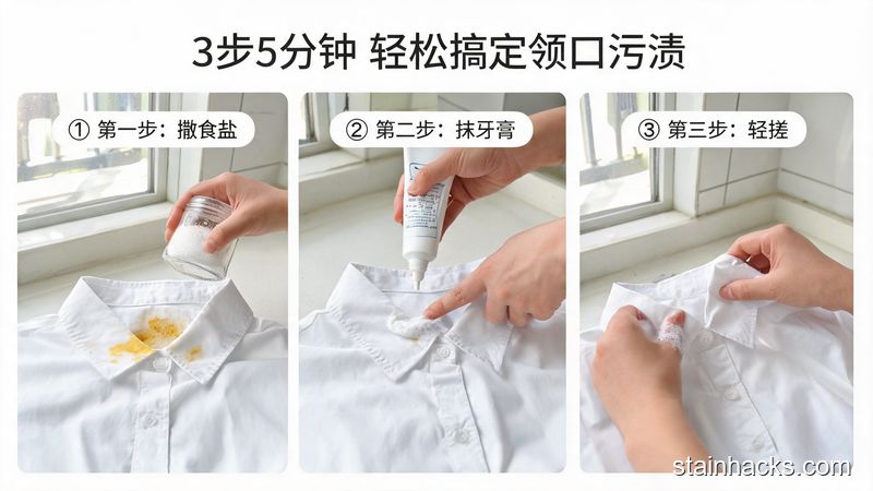 清新明亮生活化风格，居家洗衣台场景，普通人演示3步清洁白衬衫领口的动作：第一步撒食盐、第二步抹牙膏、第三步轻搓，图片配文字标注「3步5分钟 轻松搞定领口污渍」，突出操作简单耗时短