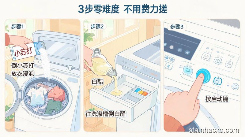场景:家用洗衣区,主体动作:分3个小框展示操作步骤:第一框往洗衣机桶倒小苏打放衣服浸泡,第二框往洗衣机洗涤槽倒白醋,第三框按洗衣机启动键,风格:清新明亮卡通感生活化,关键元素:加文字标注「3步零难度 不用费力搓」