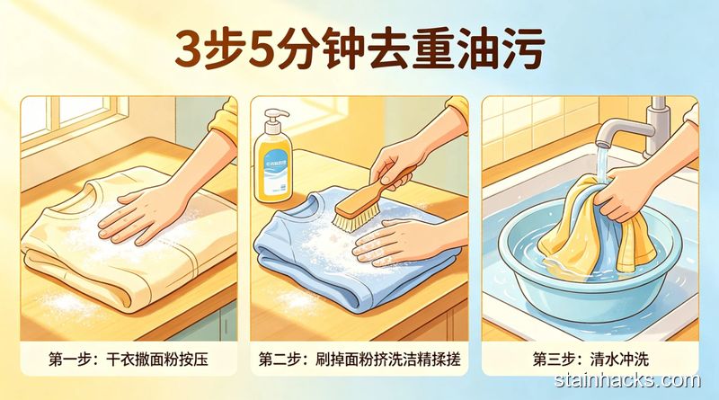 清新明亮生活化场景，分步展示3步去油污动作：干衣撒面粉按压、刷掉面粉挤洗洁精揉搓、清水冲洗，配文字「3步5分钟去重油污」，动作简单直观
