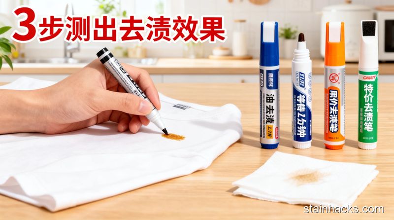 场景：居家桌面展示3步去渍操作：第一步拿笔涂油渍、第二步等待2分钟、第三步用干纸巾擦干净，风格清新明亮生活化，关键元素：标注文字「3步测出去渍效果」，旁边摆4款不同品牌平价去渍笔，突出快速、无复杂步骤