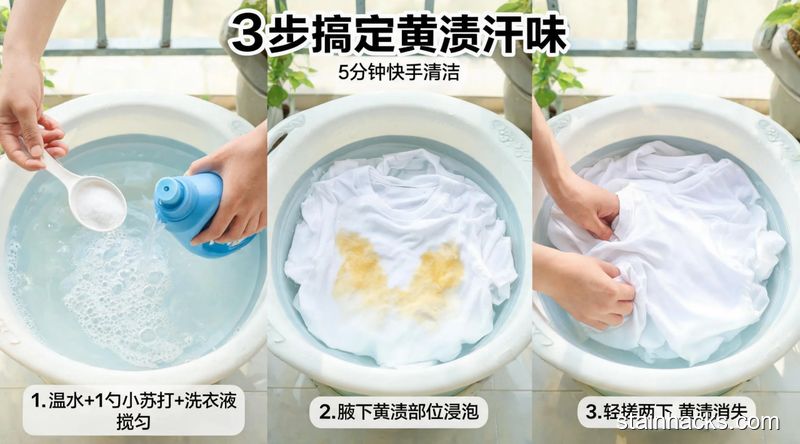 居家洗衣盆场景,3步清洁动作分解展示:1.往温水里加1勺小苏打挤洗衣液搅匀;2.把T恤腋下黄渍部位泡进水里;3.轻轻搓两下黄渍消失,旁边配文字“3步搞定黄渍汗味”,清新明亮生活化风格,突出快手、5分钟搞定、无复杂步骤的特点