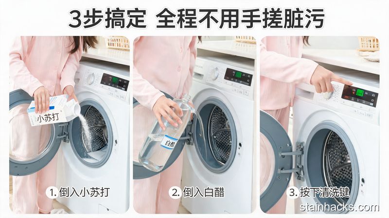 家用全自动洗衣机前,普通人随手把小苏打、白醋倒进洗衣机内筒,按一下清洗模式按键,动作简单,风格清新明亮生活化,标注3步搞定 全程不用手搓脏污