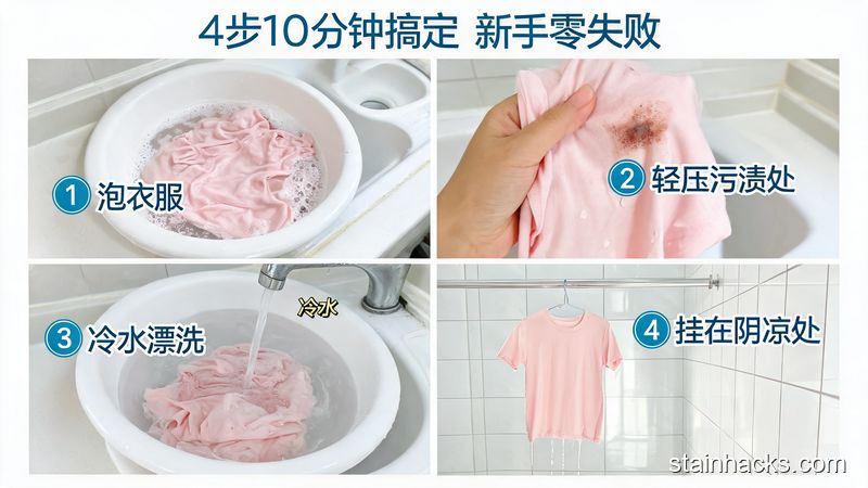 居家卫生间洗衣区场景，展示4步洗衣分解动作：泡衣服、轻压污渍处、冷水漂洗、挂在阴凉处，风格清新明亮生活化，配醒目标注文字&ldquo;4步10分钟搞定 新手零失败&rdquo;，突出快速易操作