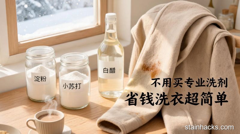 场景：冬日温馨家居桌面，主体：摆放着淀粉、小苏打、白醋三样厨房常见物品，旁边放着一件沾了轻微油渍的呢子大衣，风格：清新明亮生活化，关键元素：画面角落加文字标注「不用买专业洗剂 省钱洗衣超简单」，整体氛围轻松接地气