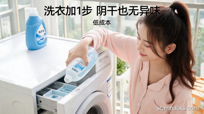 场景：家用洗衣机旁，放着洗衣液和普通家用长效抑菌剂，主体动作：女生把少量抑菌剂倒进洗衣机料盒，和洗衣液同步添加，风格：清新明亮、生活化，关键元素：文字标注「洗衣加1步 阴干也无异味」「低成本」，突出零额外操作