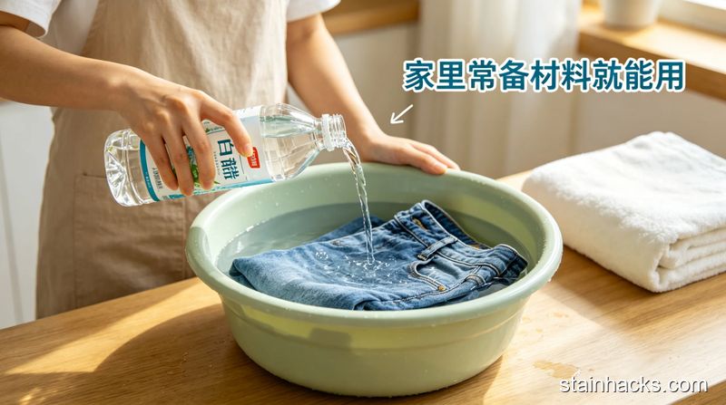 清新明亮生活化风格，阳台晾晒场景，挂着多条翻面晾晒的牛仔裤，旁边贴有7个防掉色技巧的手写便签，文字标注&ldquo;操作零难度 越穿越合身&rdquo;