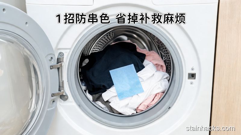 洗衣机内场景，桶内放着深浅不同的衣物和一片吸色片，配文字标注'1招防串色 省掉补救麻烦'，清新明亮居家风，突出方便快捷