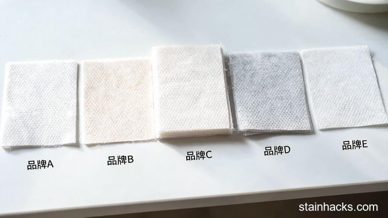 五种防串色洗衣片平铺对比,展示无纺布蜂窝纹理、厚度差异与颜色深浅细节