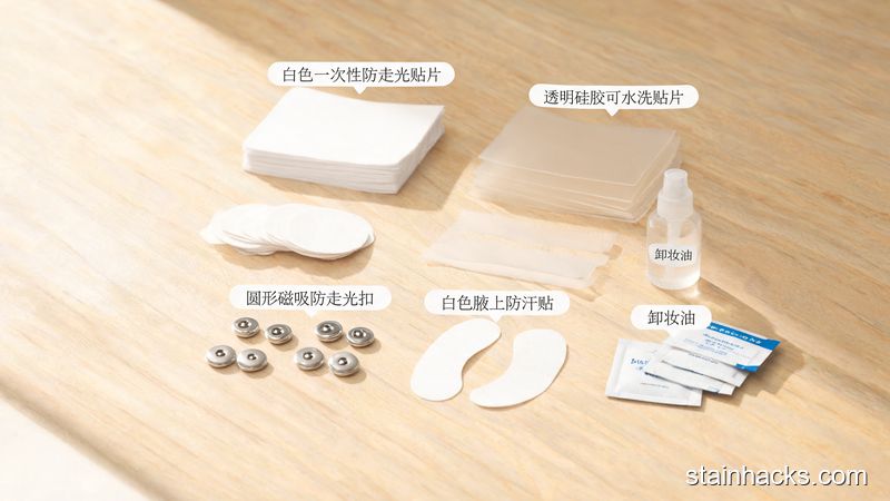 桌面上整齐摆放的防走光贴、硅胶可水洗贴片、磁吸防走光扣与腋下防汗贴四类夏日衣物小配件实物对比