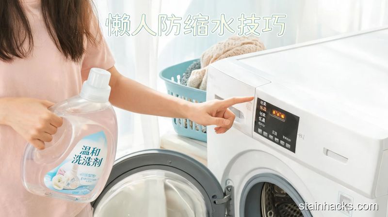 家用洗衣机旁场景，普通人手拿温和洗涤剂按洗衣机轻柔低温模式的动作，配有文字「懒人防缩水技巧」，风格清新明亮生活化，关键元素：低成本、好执行