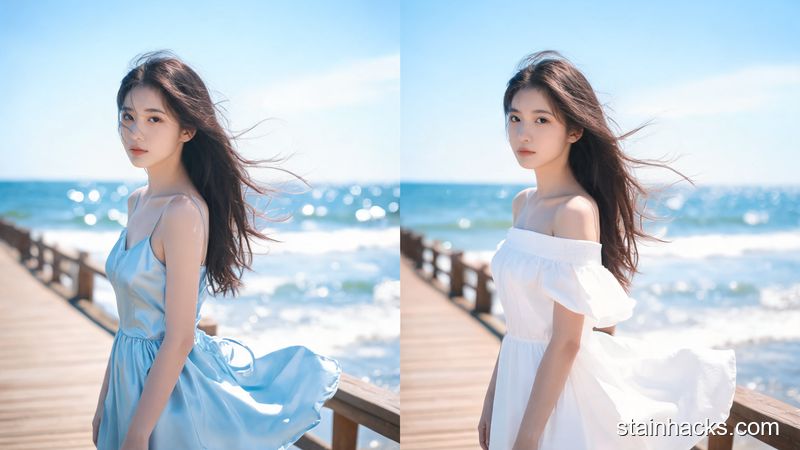 夏日海边场景中女性穿着浅色吊带与真丝一字肩连衣裙展示防走光贴实际穿着效果