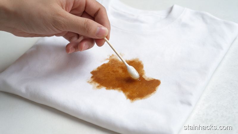 干手干衣状态下用棉签将少量卸妆油点涂在衣物火锅油渍边缘的特写