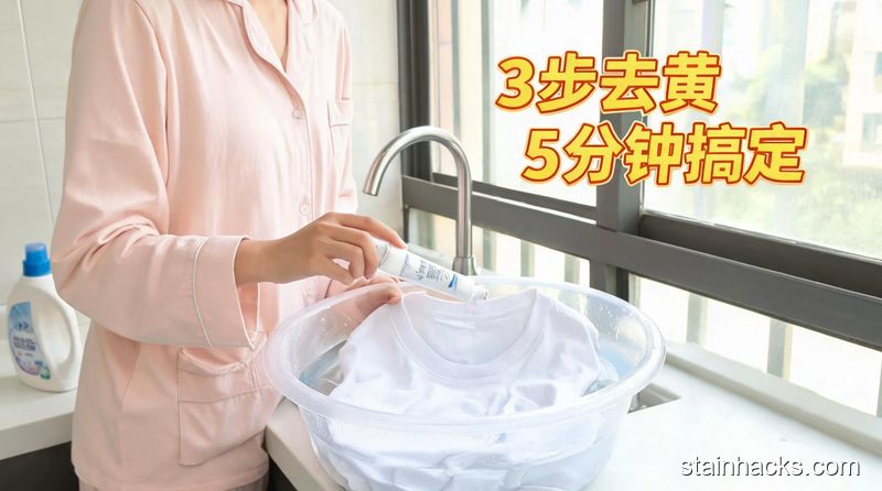 场景：居家洗衣台，主体动作：普通人给浸湿的白T恤领口均匀涂抹白色牙膏，旁边配文字标注「3步去黄 5分钟搞定」，风格：清新明亮、生活化，关键词：快手、易操作、不用额外买清洁品
