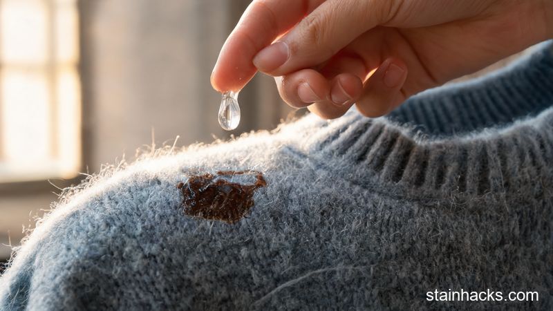 在毛衣巧克力渍上滴一滴中性洗洁精，用用指尖轻轻打圈涂抹
