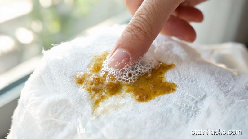在新鲜咖喱渍上涂抹透明洗碗精,分解油脂