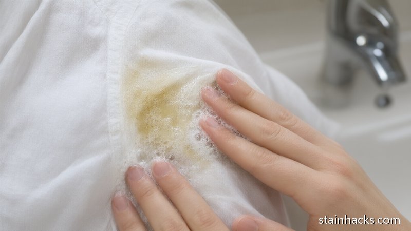 将酵素洗衣液涂抹在白衬衫腋下黄渍处预处理