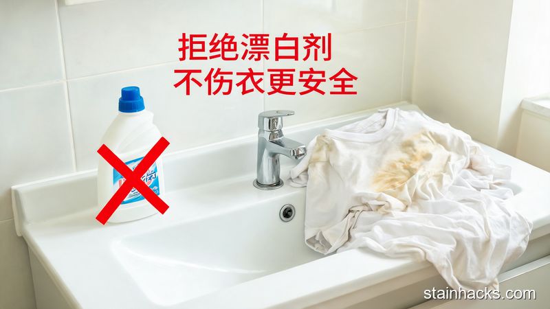 清新明亮生活化风格，家居洗手台场景，台上摆着一瓶漂白剂和一件皱巴巴的发黄白T恤，漂白剂上打红色叉号，配有文字标注「拒绝漂白剂 不伤衣更安全」