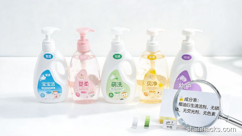 5款宝宝洗衣液成分与温和度对比表,包含贝亲、英氏、好孩子、京东京造、保宁