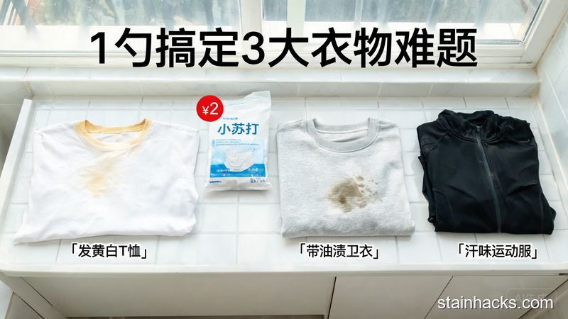 清新明亮生活化风格，家庭洗衣台场景，旁边摆着发黄白T恤、带油渍的卫衣、有汗味的运动服，中间放一小袋2元的小苏打，标注文字&lsquo;1勺搞定3大衣物难题&rsquo;，突出低成本不用额外花钱的特点