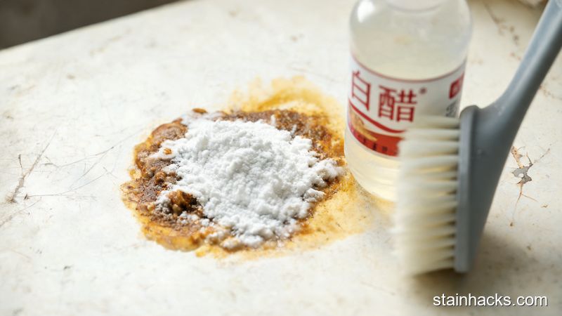 白色小苏打糊覆盖在陈旧中药渍上,旁边有白醋瓶和软毛刷
