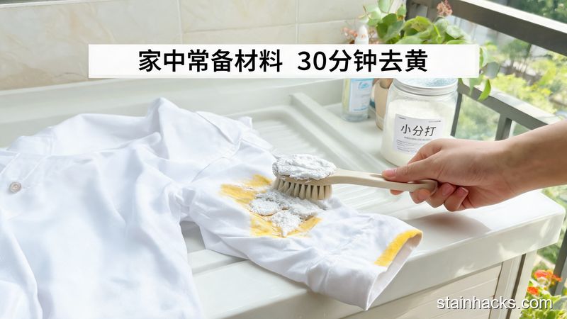 清新明亮生活化风格，画面展示手拿着小刷子把小苏打双氧水乳状物刷在白衬衫发黄的袖口上，配文字标注「家中常备材料 30分钟去黄」，突出低成本、易操作的特点