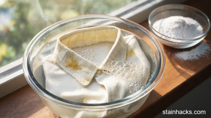 发黄的白衬衫领口浸泡在小苏打与清水混合溶液中