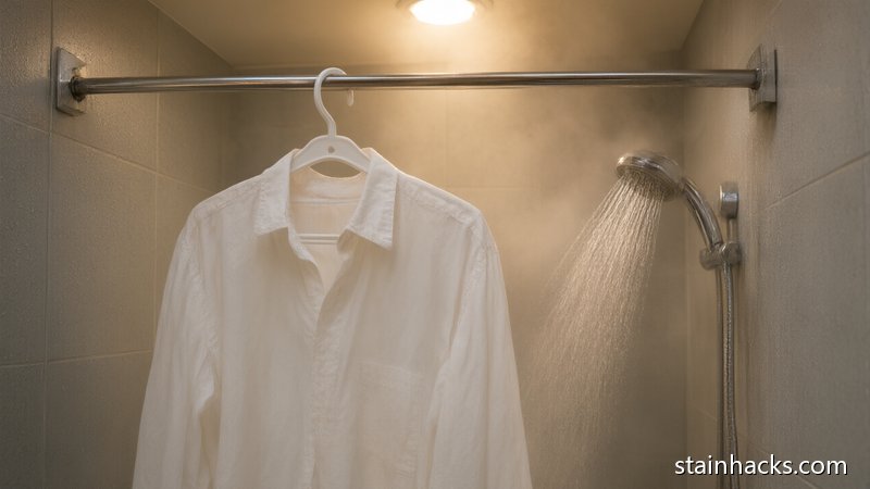 小浴室中利用热水蒸汽悬挂衬衫去除褶皱的生活场景