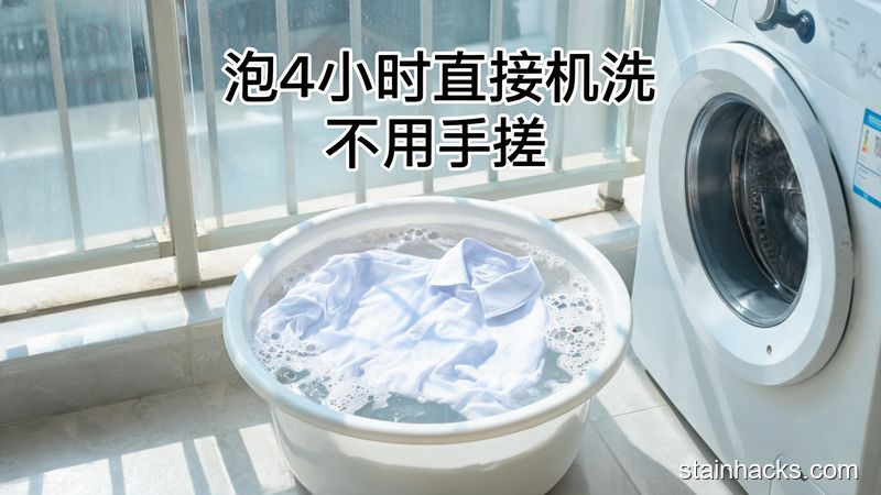 清新明亮生活化风格，画面展示白衬衫泡在加了含氧漂白剂的温水盆里，旁边放着洗衣机，配文字标注「泡4小时直接机洗 不用手搓」，突出轻松、方便的特点