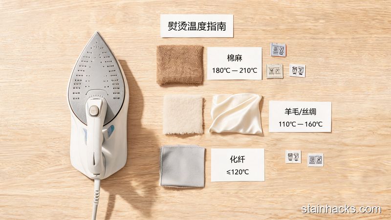 家用电熨斗不同面料熨烫温度对照表与洗标温度档位示意图
