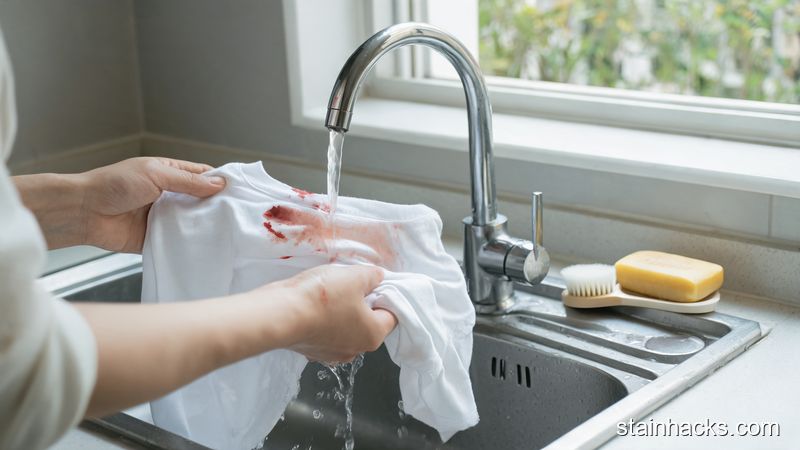 冷水从衣物背面冲洗血渍的操作