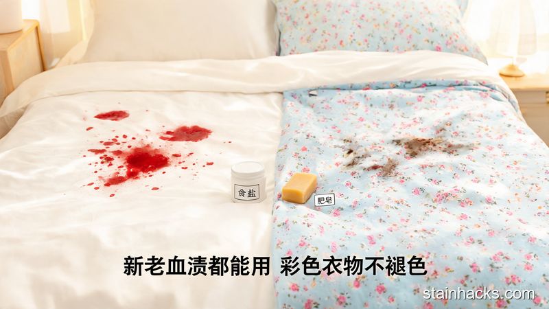卧室床上场景，左侧放沾新鲜血渍的白床单，右侧放有陈旧血渍的彩色床单，旁边摆着食盐和普通肥皂，风格清新明亮生活化，画面标注文字「新老血渍都能用 彩色衣物不褪色」