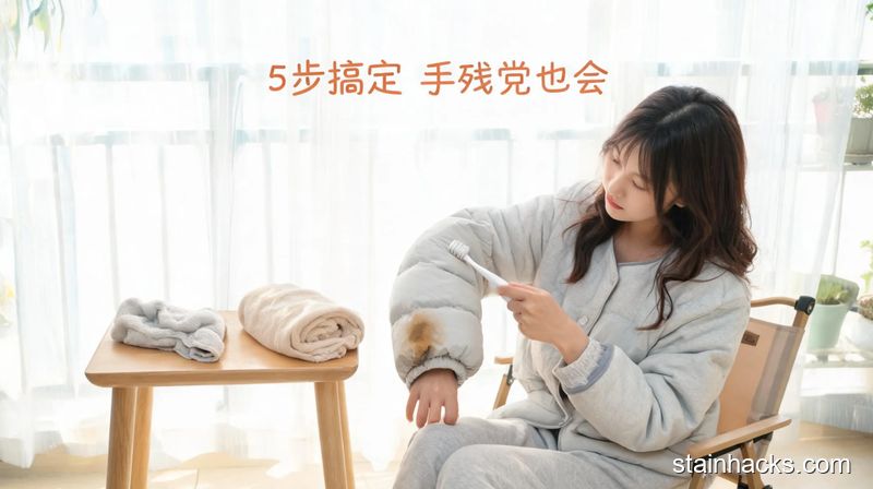 清新明亮居家场景,人用软毛牙刷轻轻刷羽绒服脏处,旁边摆着拧干的温湿毛巾和干毛巾,画面配文字:5步搞定 手残党也会,风格生活化,突出操作简单