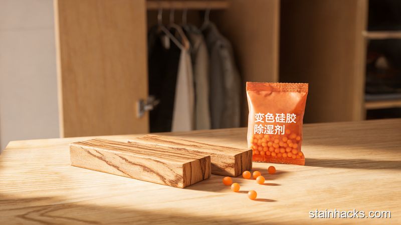 香樟木条与硅胶除湿包实物细节特写,展示木条表面纹理和变色硅胶颗粒在无纺布袋中的状态