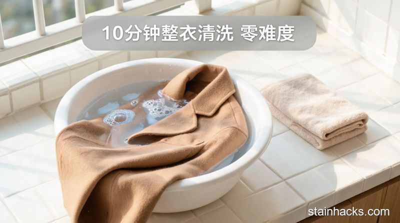 清新明亮生活化场景，羊绒大衣平铺在放了温水和洗衣液的盆里，旁边摆着干毛巾，配文字「10分钟整衣清洗 零难度」，突出操作简单，风格干净明快