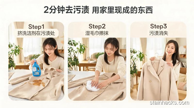 清新明亮生活化场景，女生用洗洁精和湿毛巾清理羊绒大衣上的咖啡渍，动作只有简单3步，配文字「2分钟去污渍 用家里现成的东西」，突出高效不用额外买工具，风格轻松接地气