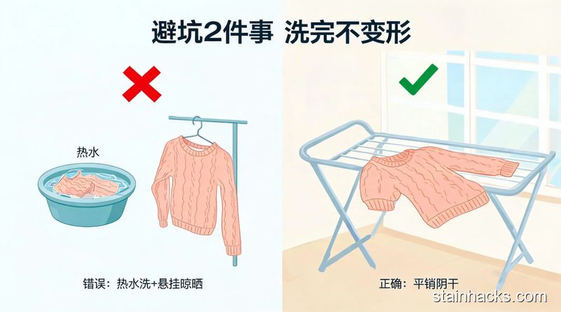 清新明亮生活化场景，左侧是热水洗、挂着晒的错误操作打红叉，右侧是平铺阴干的正确操作打绿勾，配文字「避坑2件事 洗完不变形」，直观易懂，风格简约清晰