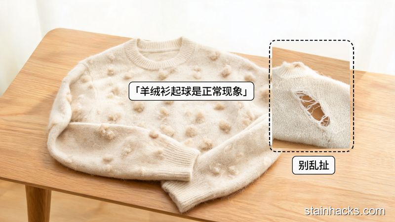 居家实木桌面上放着一件起球的米白色羊绒衫，旁边标注拉扯后破洞的羊绒衫小对比块，风格清新明亮生活化，关键元素：文字标注「羊绒衫起球是正常现象」「别乱扯」，画面简约无冗余