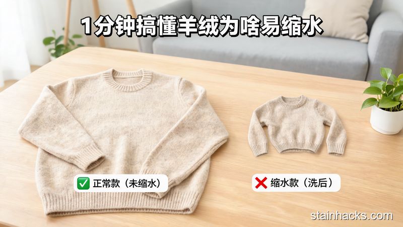 居家客厅桌面,摆放一件正常大小的羊绒混纺毛衣和一件洗缩水的迷你款羊绒衫做对比,风格清新明亮生活化,配醒目文字标注“1分钟搞懂羊绒为啥易缩水”,关键元素:简单、无专业门槛、一看就懂