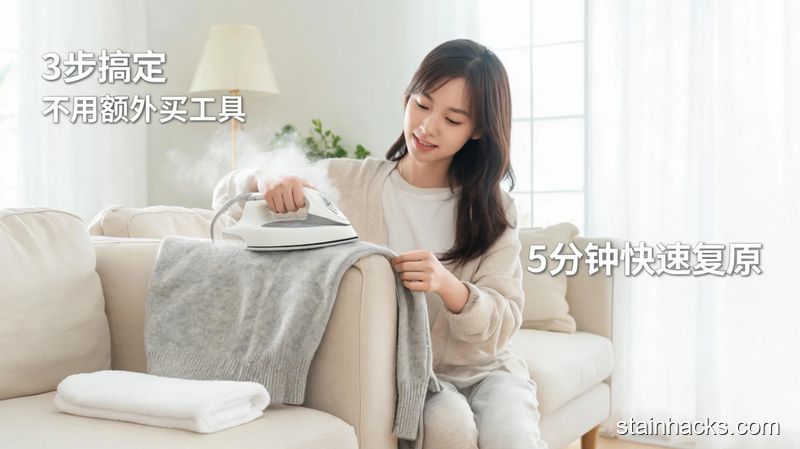 清新明亮居家客厅场景,女生手拿家用蒸汽熨斗加热缩水羊绒衫,同时轻轻拉扯衣服部位,旁边放着干净棉毛巾,画面标注文字「3步搞定 不用额外买工具」「5分钟快速复原」,风格生活化,简洁干净