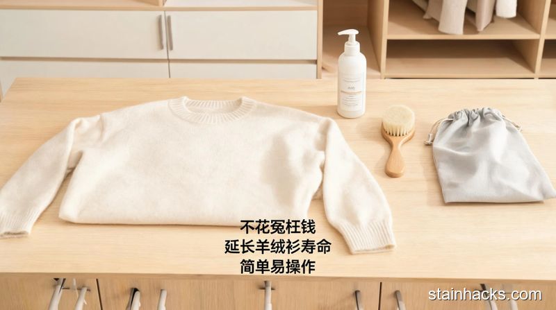 居家衣柜台面场景，平摊摆放干净羊绒衫，旁边放简单清洁工具和防尘收纳袋，清新明亮生活化风格，标注文字'不花冤枉钱 延长羊绒衫寿命 简单易操作'