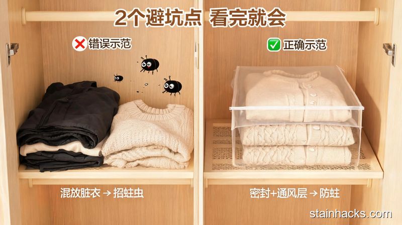 场景:衣柜内部,左侧是错误示范:和脏外套堆在一起的羊绒衫旁有卡通小蛀虫标识,右侧是正确示范:放在通风层的密封羊绒衫,风格:清新明亮生活化,关键元素:配文字标注「2个避坑点 看完就会」,突出简单好记