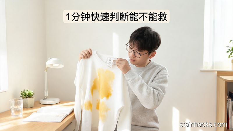 场景：居家书桌旁，主体动作：普通人手拿被84烧黄的白衣服，对照衣服领标查看面料信息，风格：清新明亮生活化，关键元素：带有「1分钟快速判断能不能救」文字标注，突出简单无需额外工具