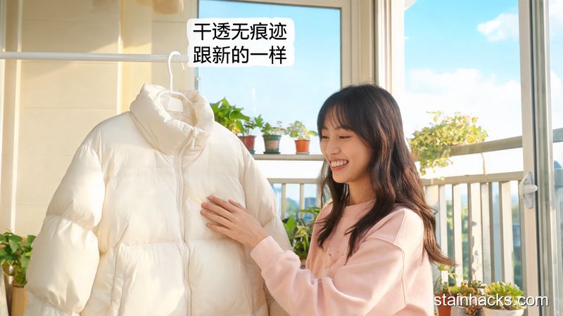 居家通风阳台，清洁后的羽绒服挂在衣架上晾晒，人用手摸原来的油污位置，露出满意的笑容，风格：明亮治愈，关键元素：文字标注「干透无痕迹 跟新的一样」，突出清洁效果好