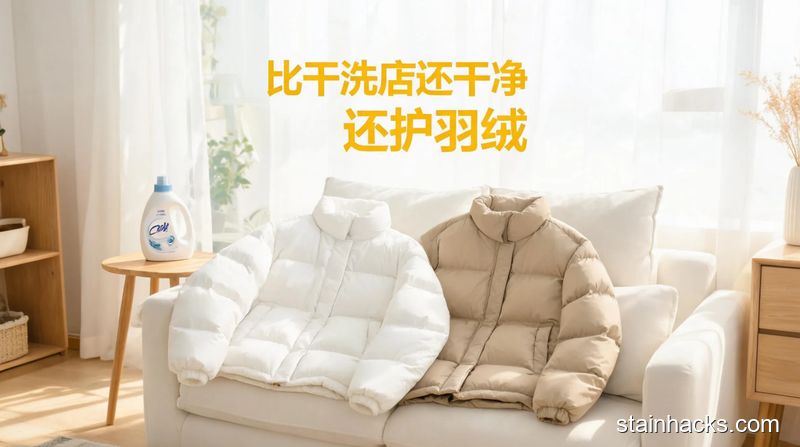 清新明亮居家场景,清洁后的羽绒服干净蓬松,画面配文字:比干洗店还干净 还护羽绒,风格明亮舒适,突出清洁效果好