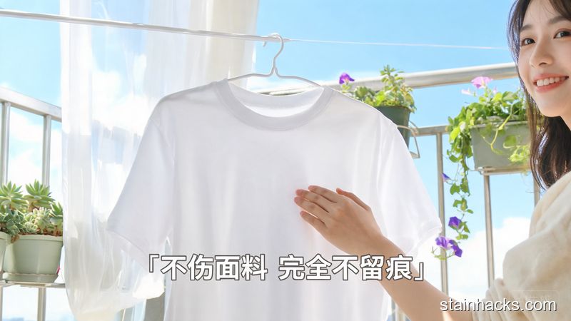 清新明亮阳台场景，洗干净的无任何痕迹的棉质T恤挂在衣架上，手正摸着干净的衣物面带笑意，配文字「不伤面料 完全不留痕」，风格明亮治愈，突出清洁效果好