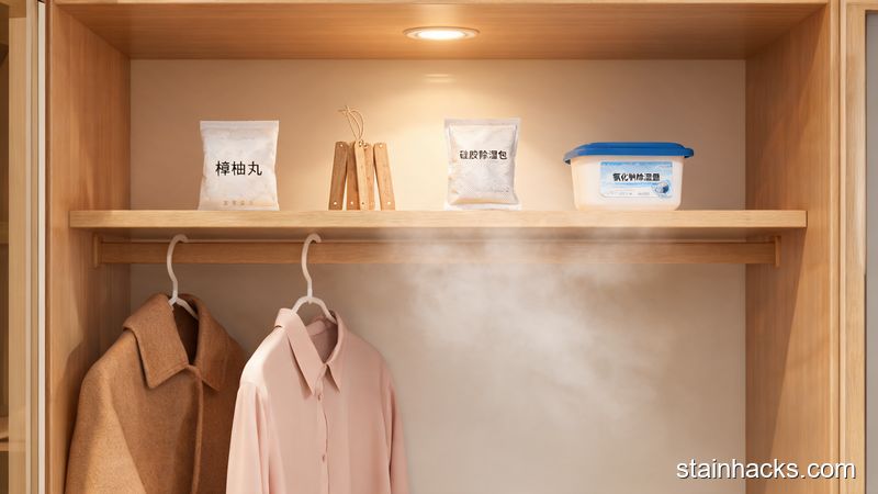 衣柜防霉防蛀防潮产品对比示意图,展示樟脑丸、香樟木条、硅胶除湿包、氯化钙除湿盒四种产品在木质衣柜内的摆放位置