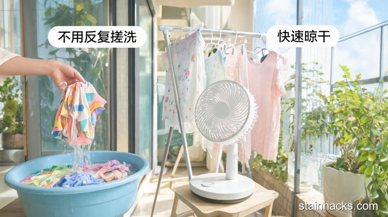清新明亮生活化风格，居家阳台场景，将泡好的衣服过一遍清水后挂在衣架上，旁边放小型风扇对着吹，画面加「不用反复搓洗」「快速晾干」文字标注，突出省时省力