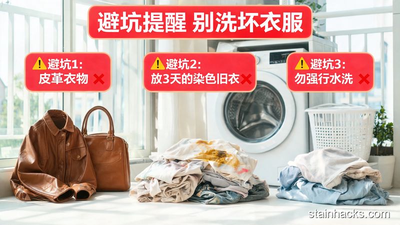 清新明亮生活化场景，用醒目卡通标识标注3个避坑点，旁边摆着不适用的皮革衣物、放了3天的染色旧衣服，配文字&ldquo;避坑提醒 别洗坏衣服&rdquo;，风格直白好懂