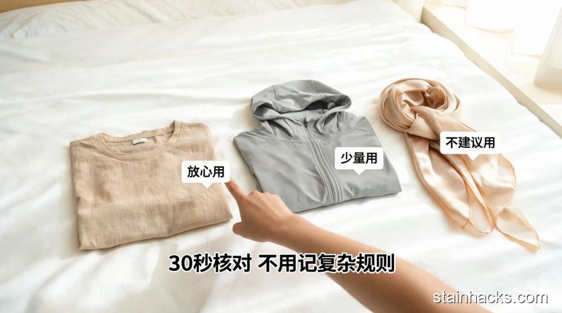 清新明亮生活化场景,卧室床上平铺着棉麻T恤、化纤外套、真丝围巾三类常见衣物,每件衣物旁贴对应小标签分别写着「放心用」「少量用」「不建议用」,手指快速指认标签,图片配文字「30秒核对 不用记复杂规则」,风格简洁明了